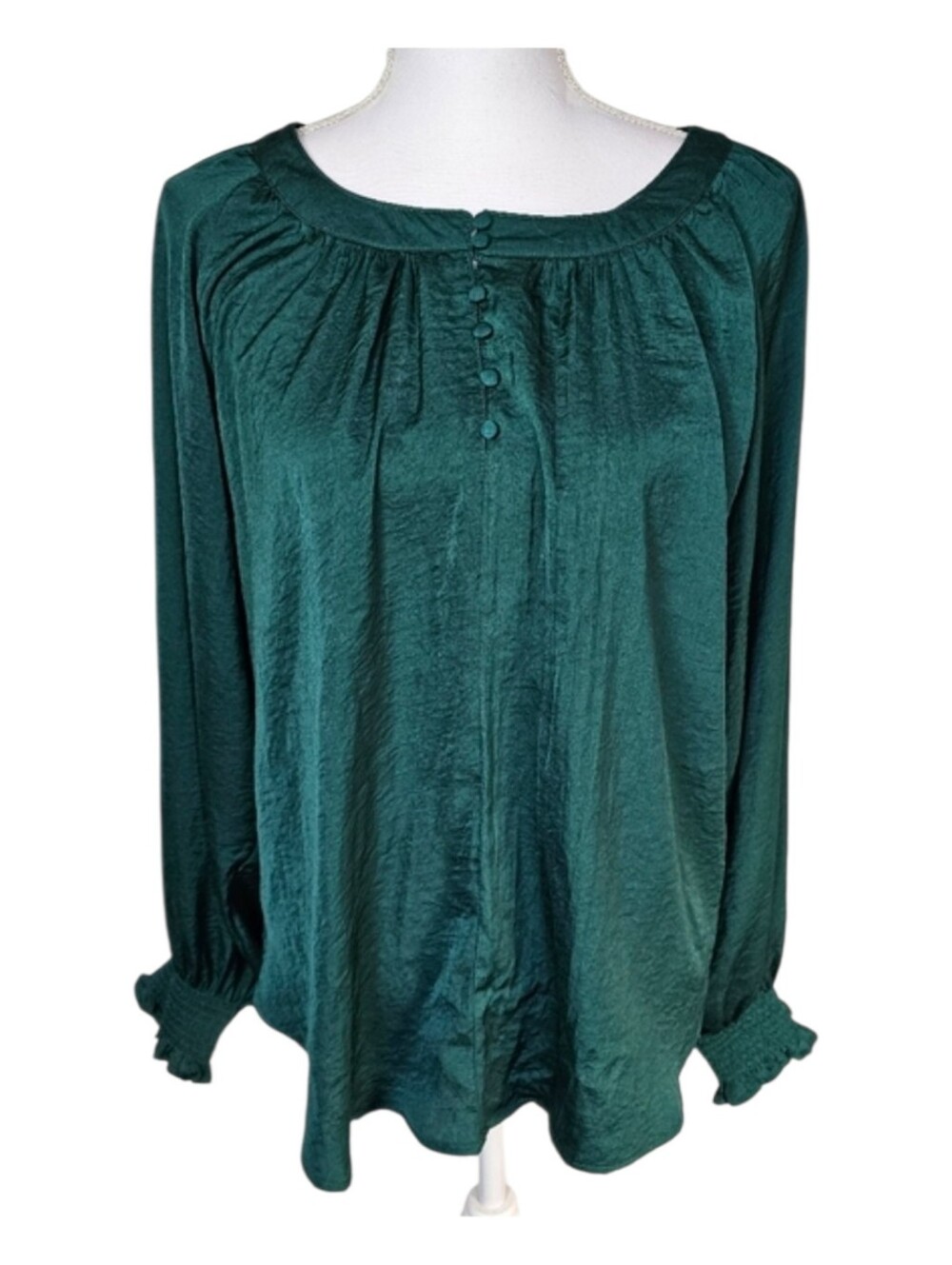 Umgee Silky Emerald Green Blouse Covered Button Ruched Sleeve Cuffs Women Size S